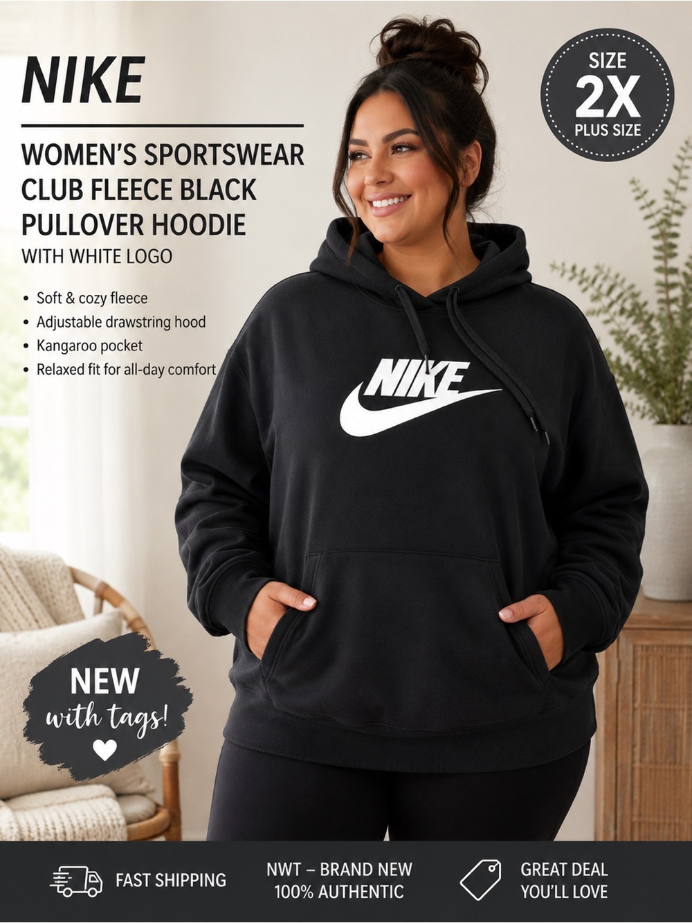 Nike Women's Sportswear Club Fleece Black Pullover Hoodie Plus Sizes. 2X NEW